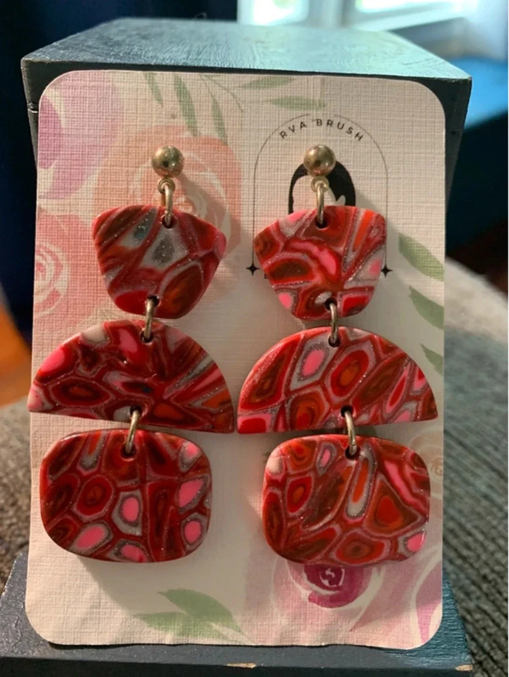 Handcrafted Red Marbled Polymer Clay Dangle Earrings with Gold-Tone Studs, Geom.
